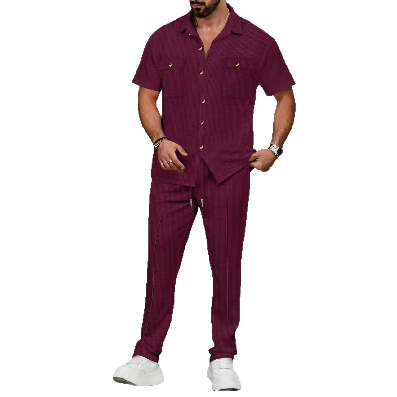 2025 Cross border Men's Euro American Independent Free Summer New Solid Color Button Pocket Shirt Short Sleeve Pants Two Piece S
