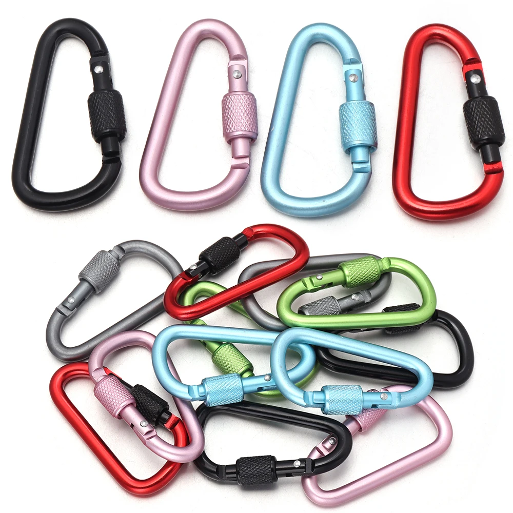 2 Stück Outdoor-Sport Aluminiumlegierung Sicherheitsschnalle Schlüsselanhänger mit Verschluss Kletter-Karabiner D-Form Camping Wandern Haken – Detail 5