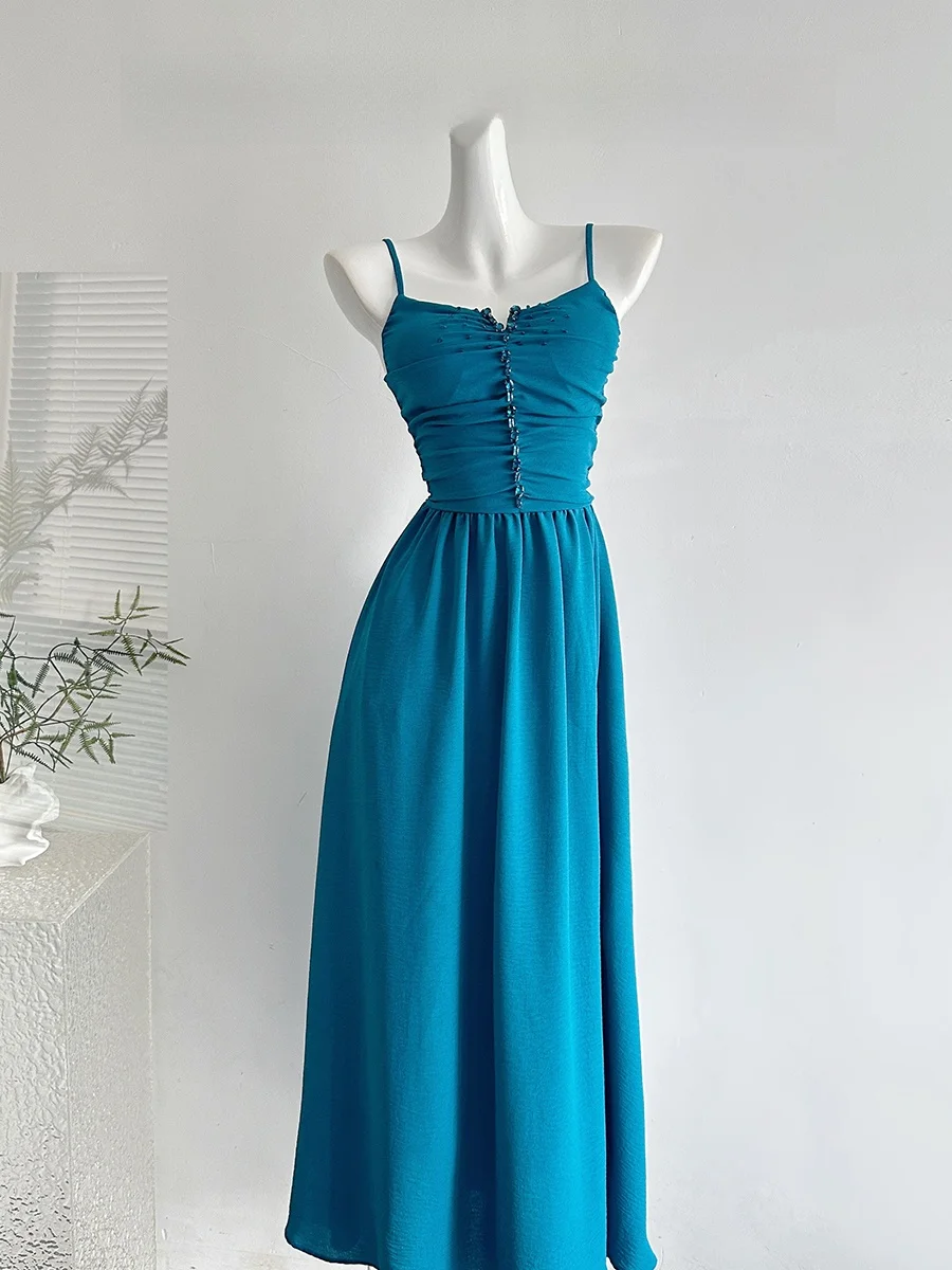 

LUCKYMAN Sexy Spicy Summer Deep Blue V-neck Beaded Backless Strapless Dress Elegant Style No-sleeve Polyester Fiber Hanfu Dress