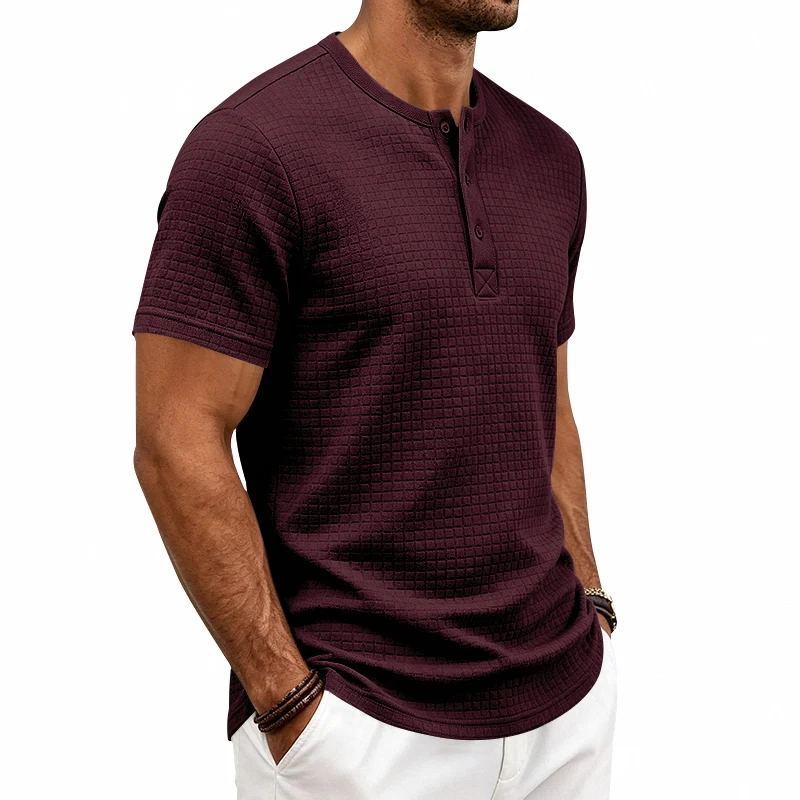 Men's check texture Henry collar short-sleeved casual T-shirt, with a loose design, suitable for summer sports and daily wear view 3