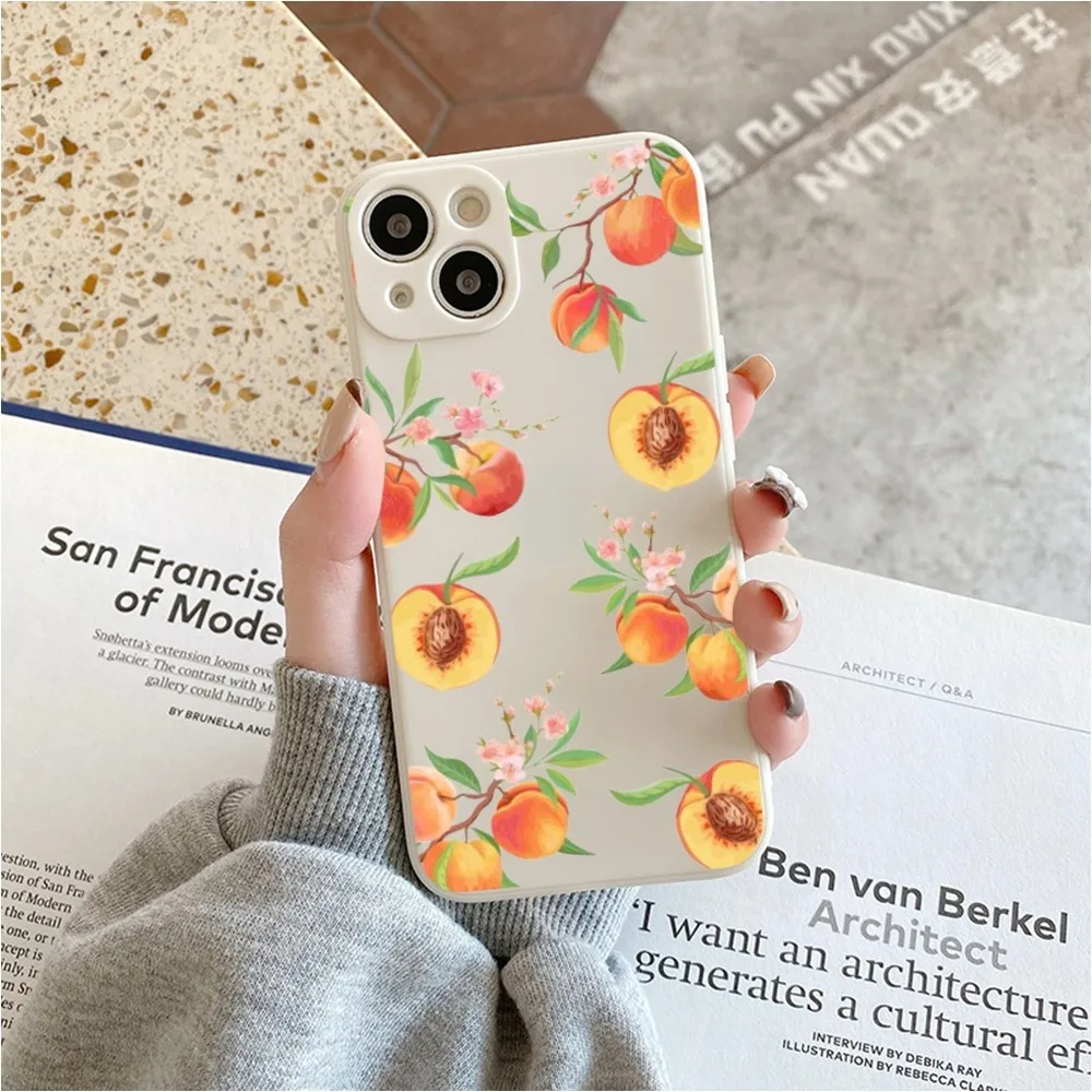 Summer Green Leaves Fruit Lemon Peach Phone Case For Iphone 11 13 14 Pro Max X Xr Xs Max Se2020 12mini White Cover Case image 4