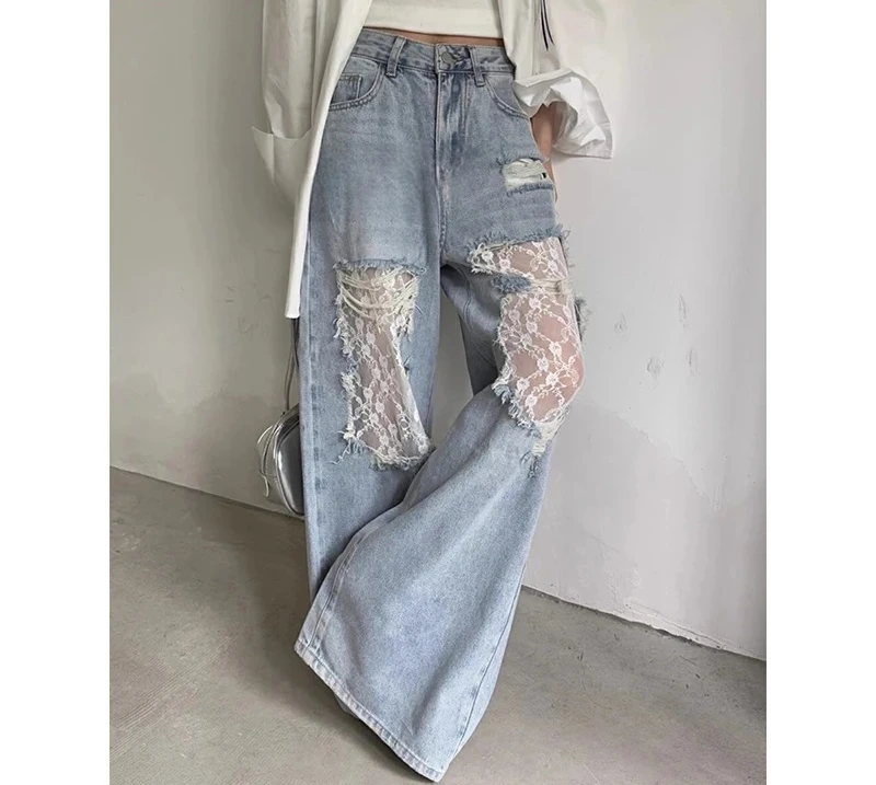الرجعية الأمريكية ممزق الدانتيل تقسم ​ ​ جينز نسائي فضفاض بأرجل واسعة 2025 تصميم صيفي بنطال مستقيم عالي الخصر