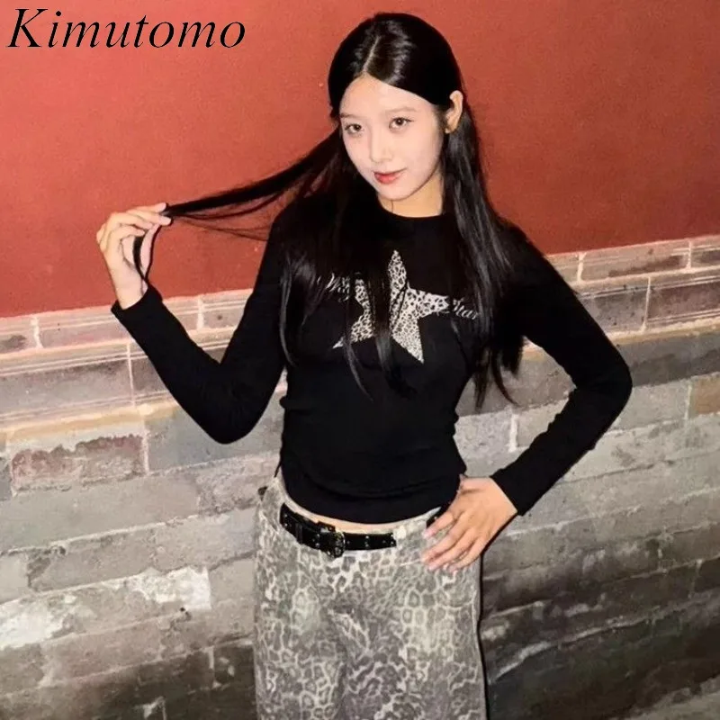 

Kimutomo женские футболки винтажные леопардовые звезды с длинным рукавом Y2k эстетические укороченные топы в стиле Харадзюку женская повседневная футболка