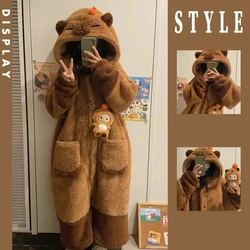 Women's Onesies Flannel Cosplay Costume Capybara Animal Pajama Cartoon Hooded Sleepwear Kigurumi Halloween Christmas Nightdress