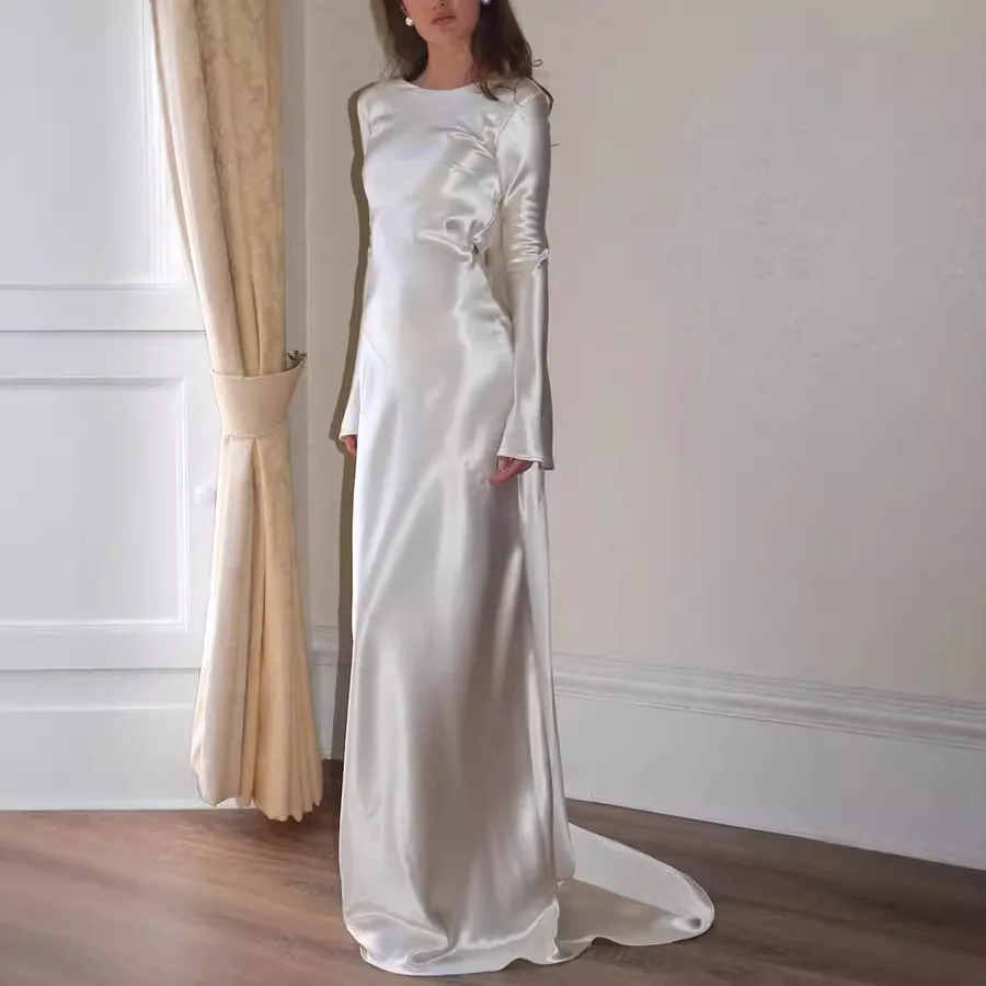 Women's Satin Evening Dress Abendkleider 2024 Luxus Robe Soiree De Luxe Uxury Long Sleeve Dresses Vestidos De Manga Larga White