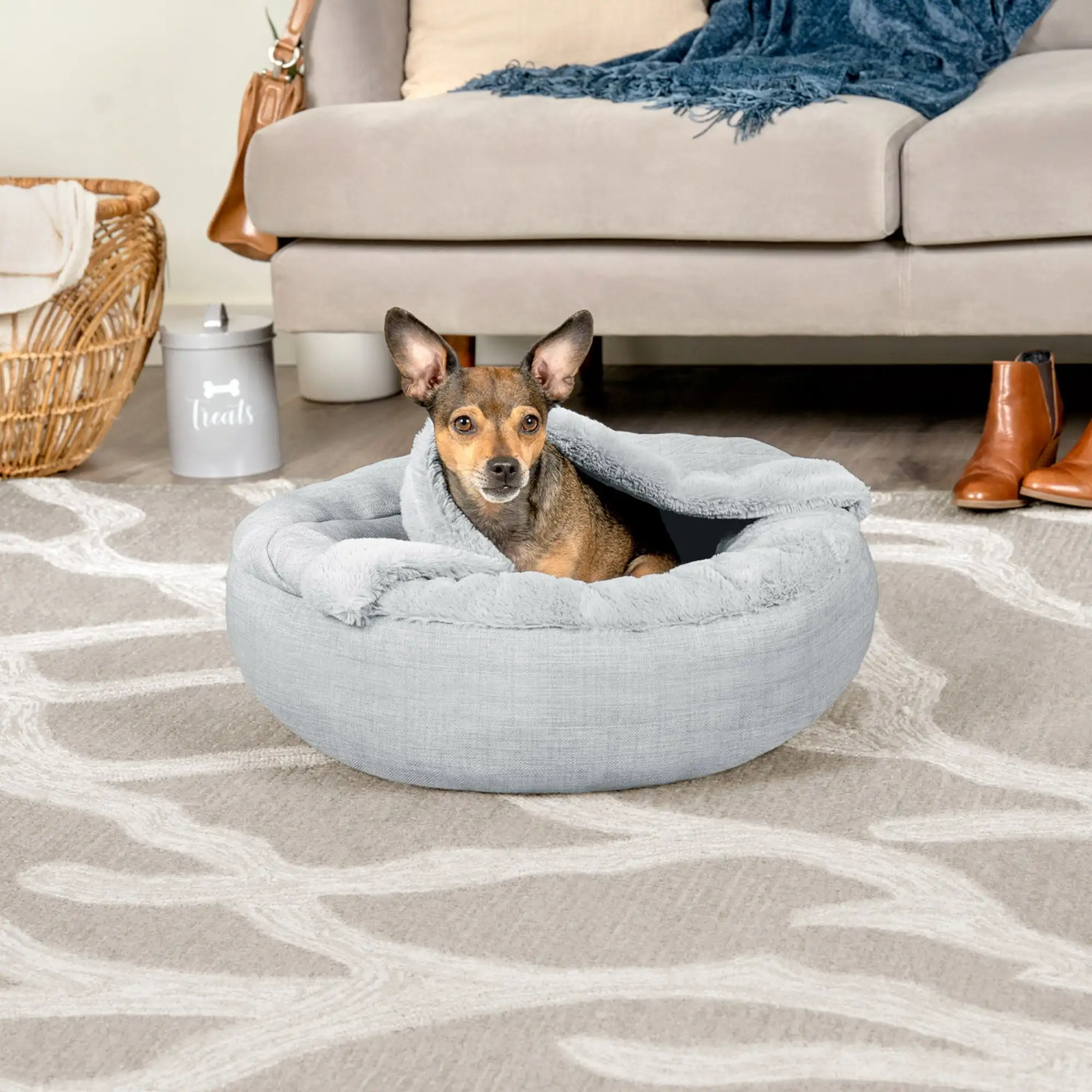 

Products Extra Small Plush & Performance Linen Hooded Donut Dog & Cat Bed, Mist Gray