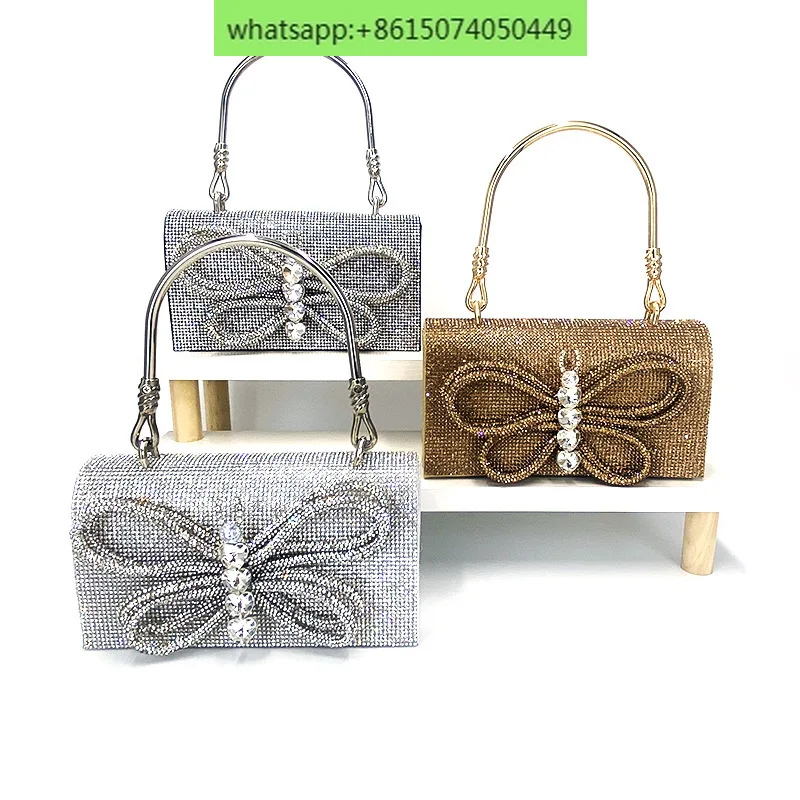 Banquet bag, dress bag, butterfly shiny diamond inlaid small square , chain strap bag, hand-held , party