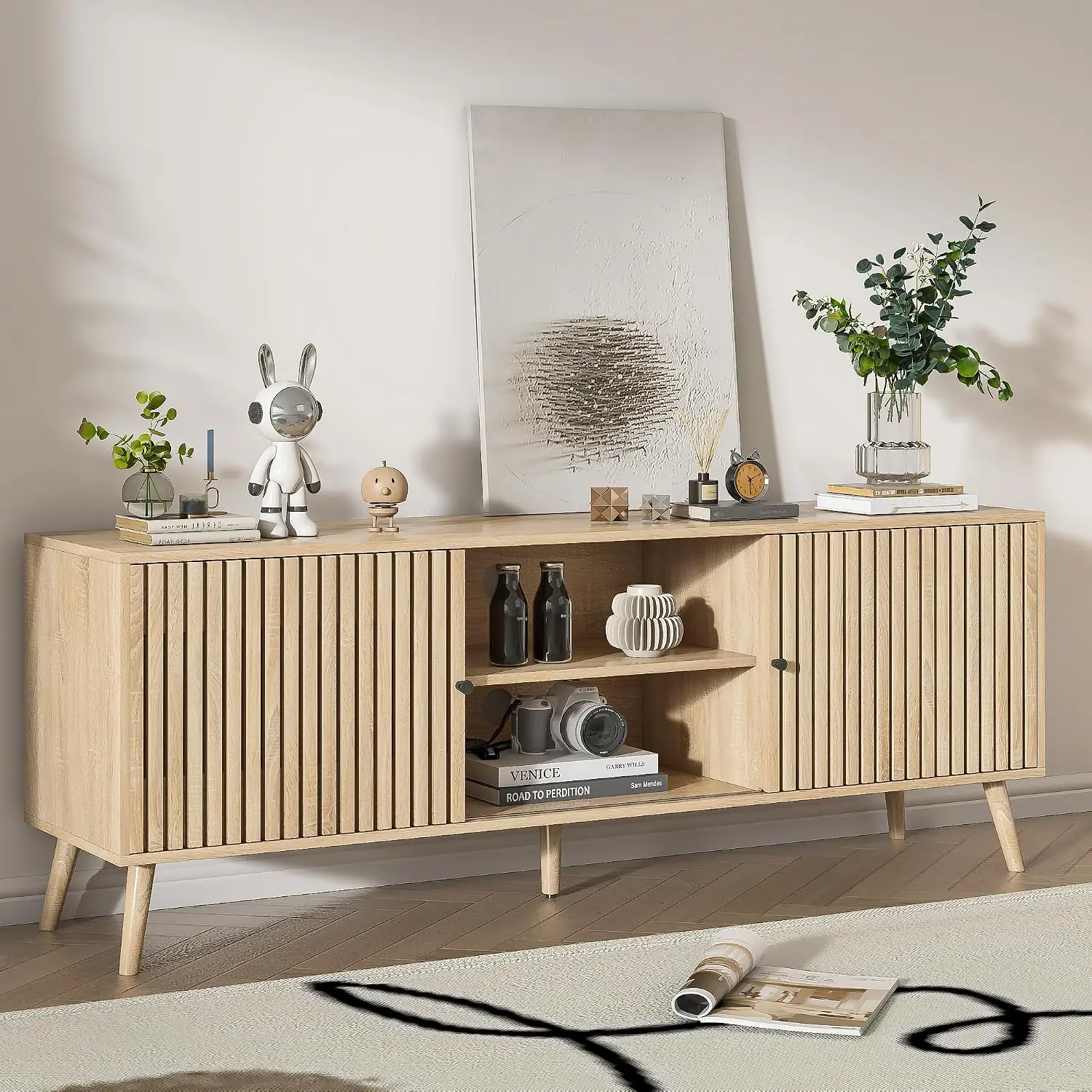 Mid Century Modern TV Stand 70 Inch with Sliding Doors & Storage, Media Console for Living Room 63
