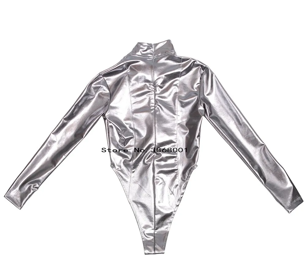 Silver grey color sexy Shiny Metallic high cut legs jumpsuit Lady's Leotard Catsuit