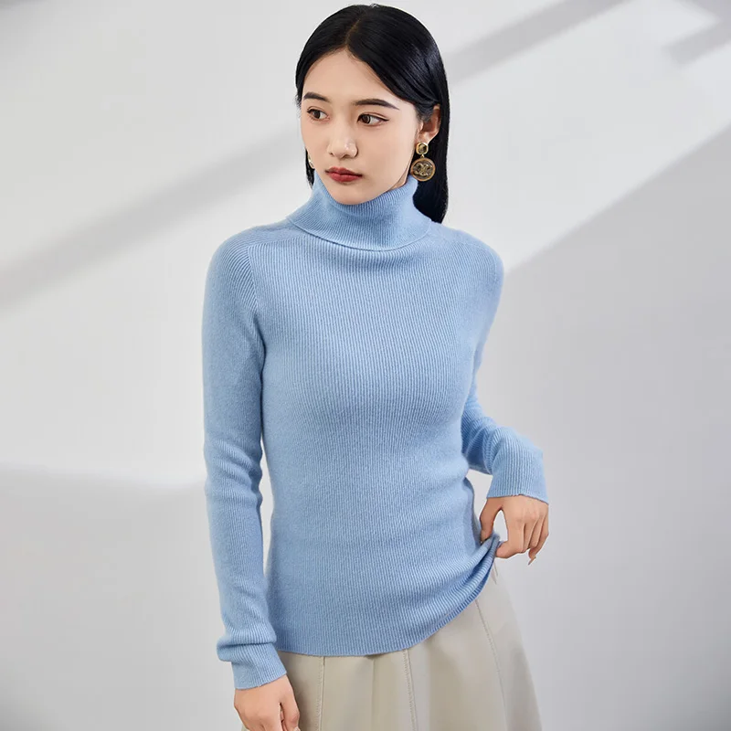 100% Cashmere Pure Cashmere Sweater, High Reverse Collar Slim fit Versatile Knitted Base Sweater for Women