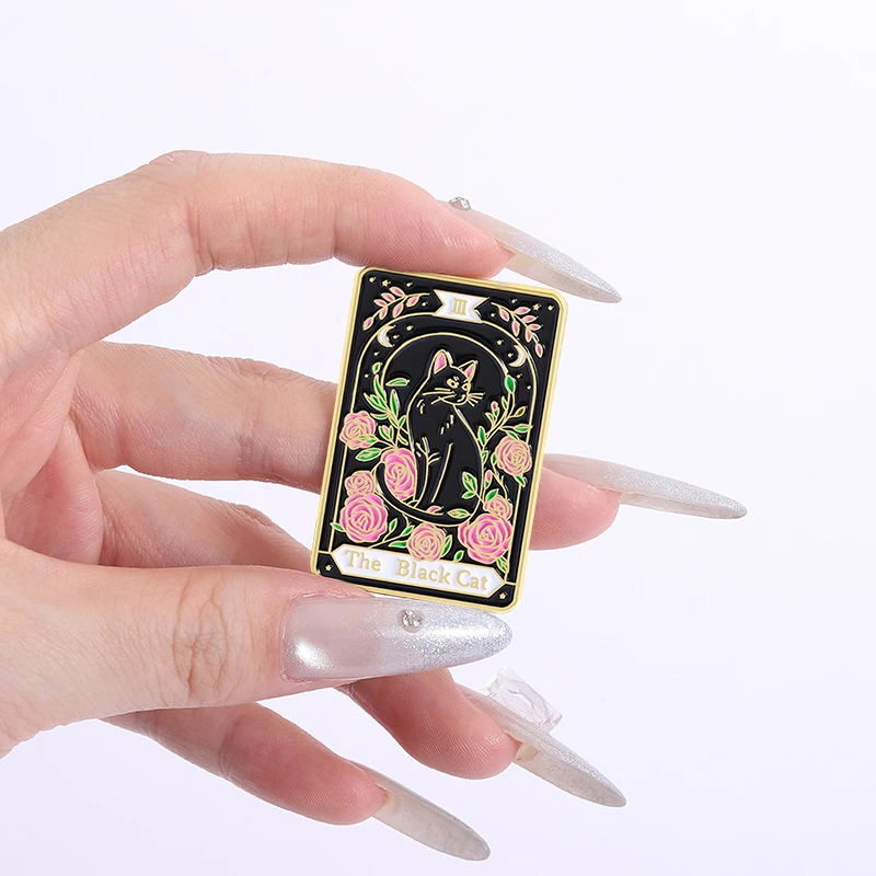 

Tarot Card The Black Cat Enamel Pins Custom Black Cat Rose Flower Brooches Backpack Lapel Badge Punk Jewelry Gift For Friends