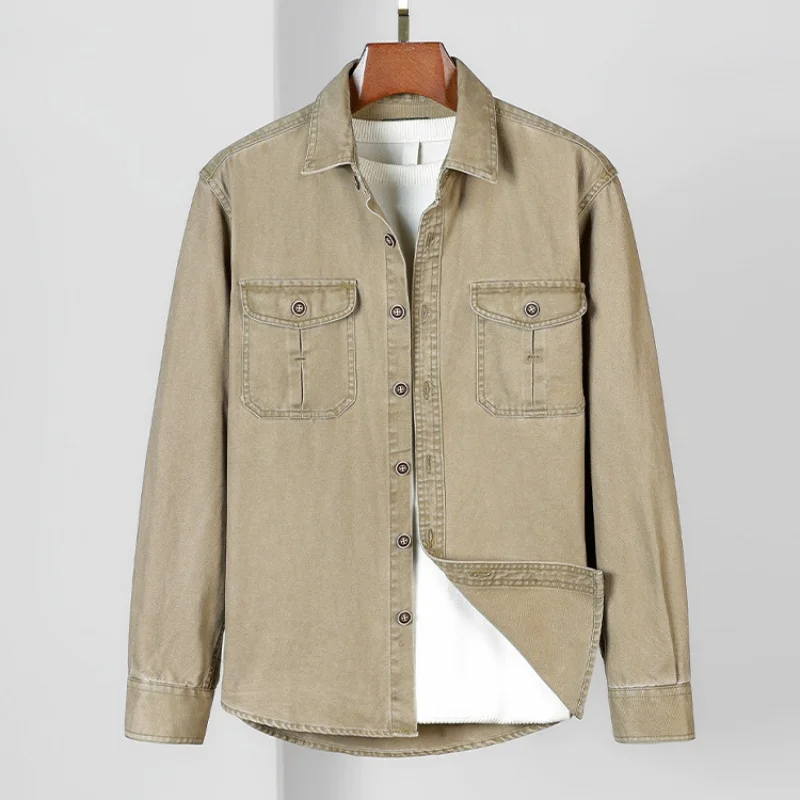 Men's Loose Retro Vintage Overshirt Long Sleeve Casual Shirt Autumn Khaki Green Multi Pockets Outwear Top for 4XL 5XL Sizes