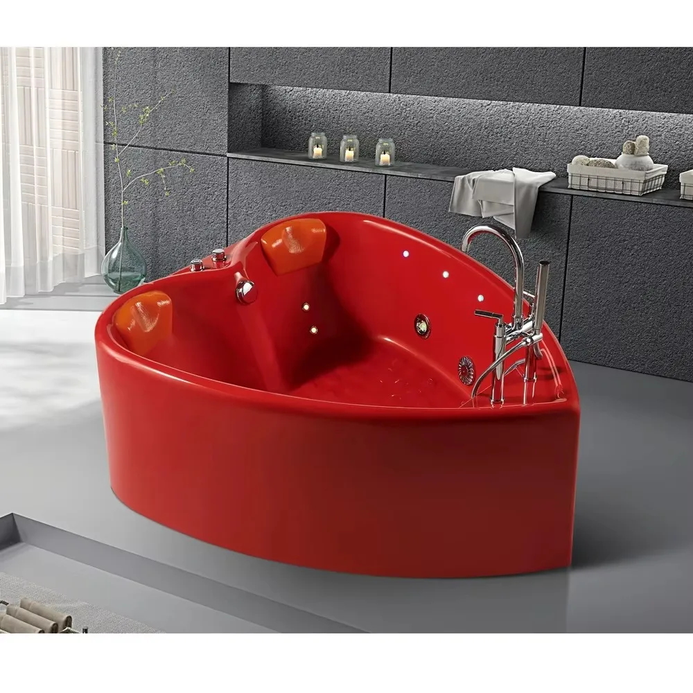 Jacuzzi em Forma de Coração para 2 Pessoas, Banheira de Acrílico Vermelha, Banheira de Hidromassagem Independente com Jatos de Hidroterapia para Casais