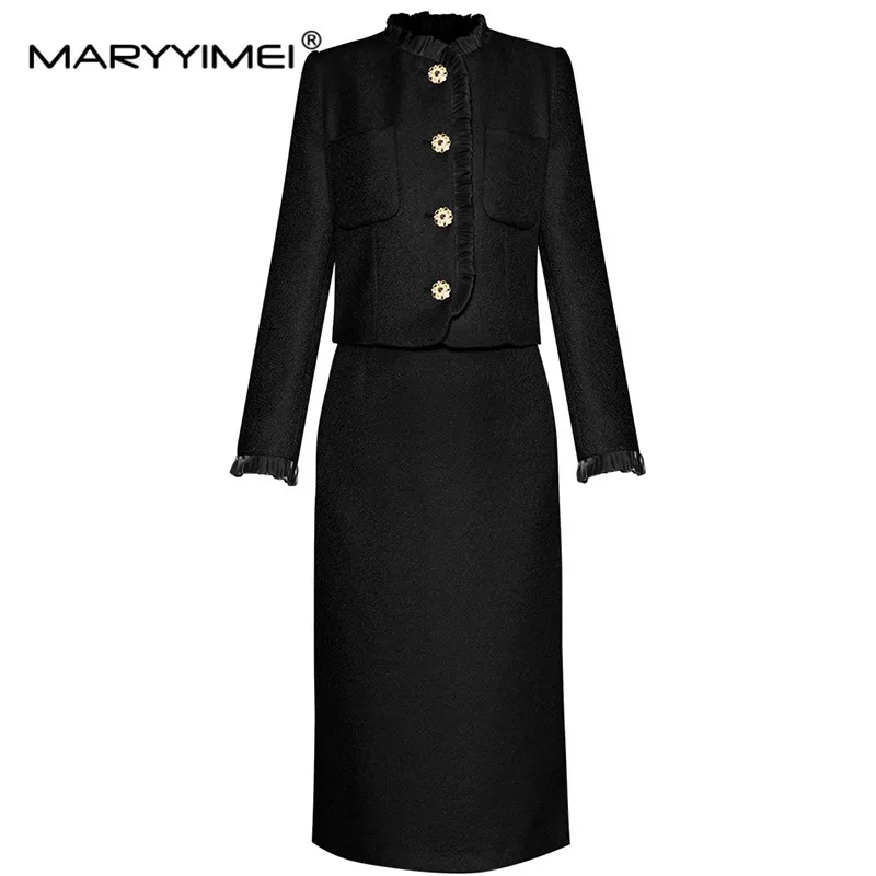 MARYYIMEI Fashion Women's Tweed Suit Ruffled collar Long sleeved Coat jacket+Package hip skirt England Style Two-Piece Set