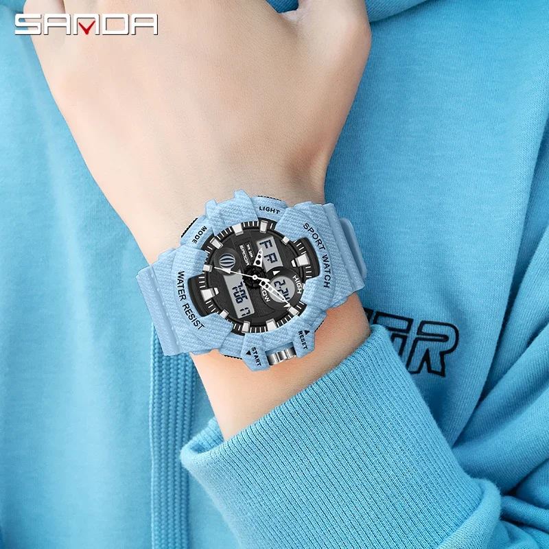 SANDA 2023 New Fashion Couple Sports Watches Timer HD LED Dual Display Watch Alarm Clock Men Watch Women Watch Waterproof Reloj