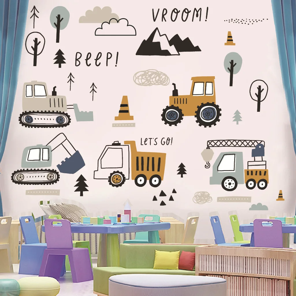 Cartoon Excavator Engineering Car Wall Sticker Self-adhesive Children's Room Wall Decals Baby Nursery