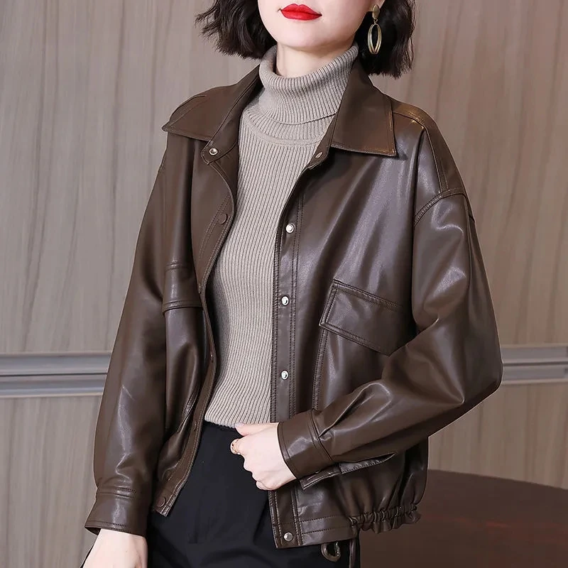 High-End Leather Coat Middle Aged Elderly Women Jacket 2024 New Retro Casual Spring Autumn Jacket Tops Korean Version Outerwear