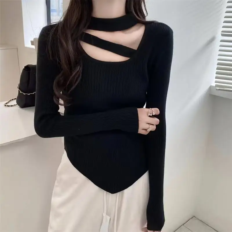 Autumn and Winter New Slim Halterneck Round Neck Base Sweater Knitwear Women's Underwear Top Irregular Long-sleeved Top