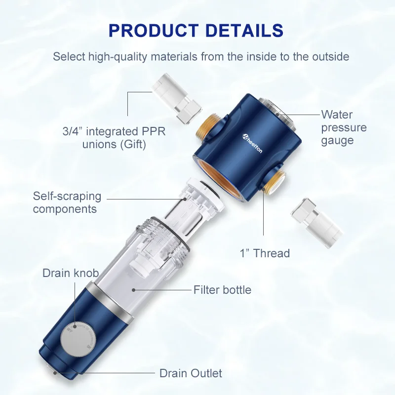 WHEELTON Whole House Water Filter Spin Down Sediment System Pre-Filter Auto-Rotated Flush Double-sided Scraper 1/2\