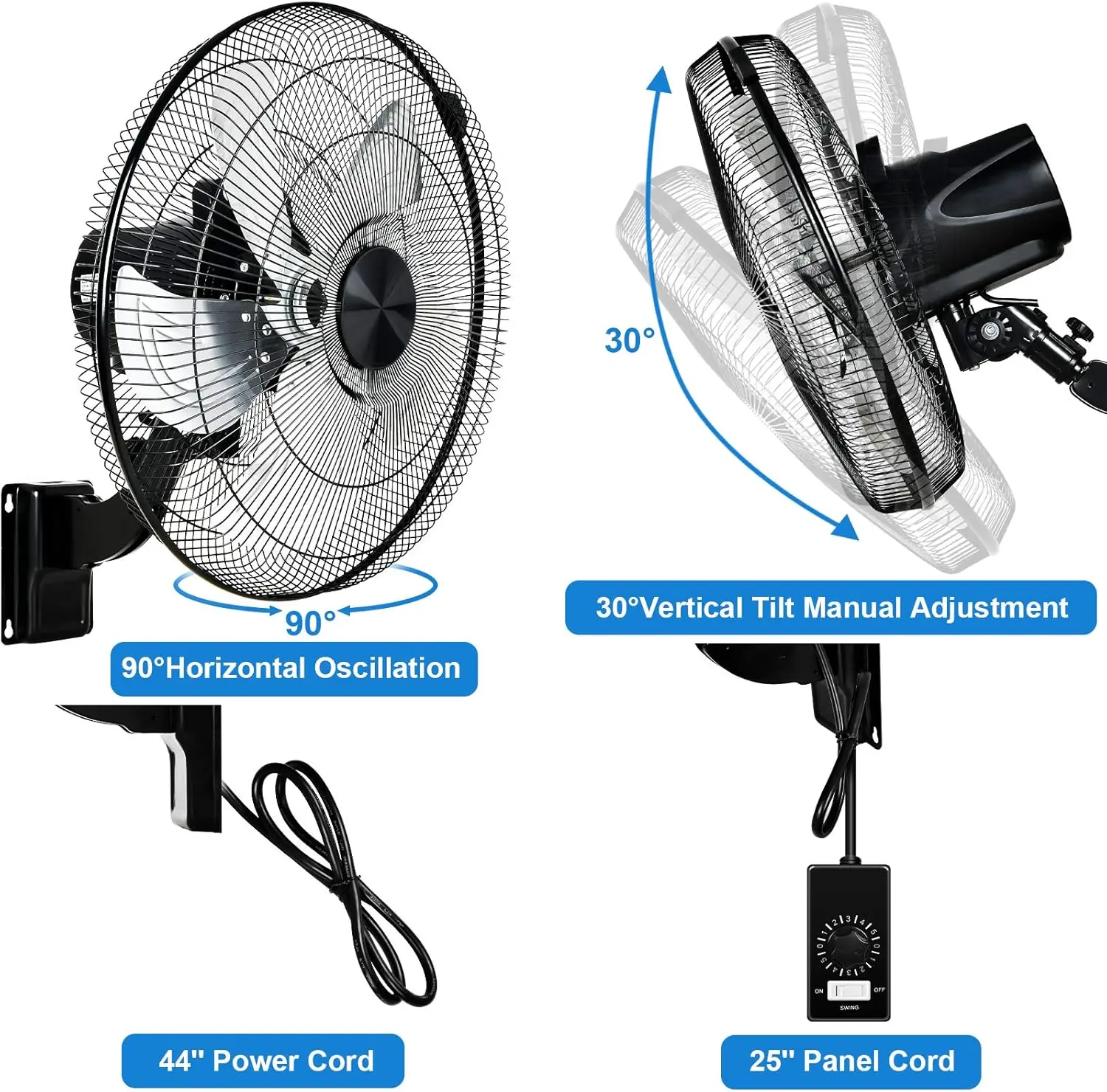 Wall Mount Fan 90 Degree Horizontal Oscillation, 5 Speed Settings 1 Pack,Black