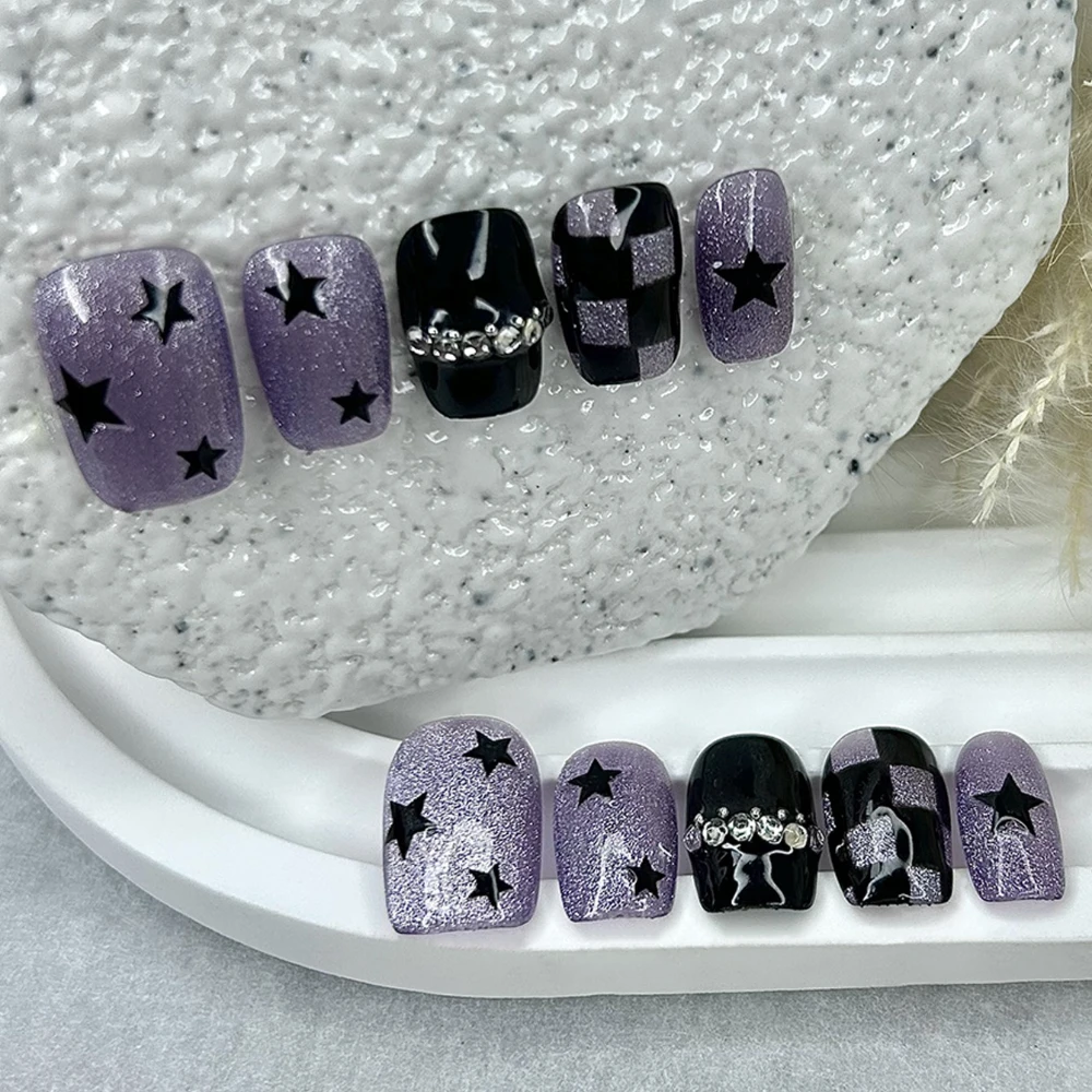 10 Pieces Advanced Spice Girls Y2K Handmade Press On Nails Glitter Purple Cat Eye Nail Art Stars Checkerboard Short Fake Nails