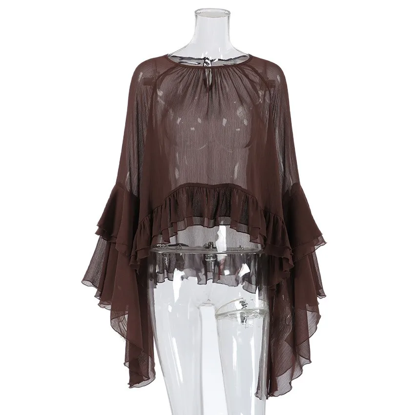 

2025 Spring New Women's Fashion Design Round Neck Ruffle Sleeve Gentle Style Loose Chiffon Blouse