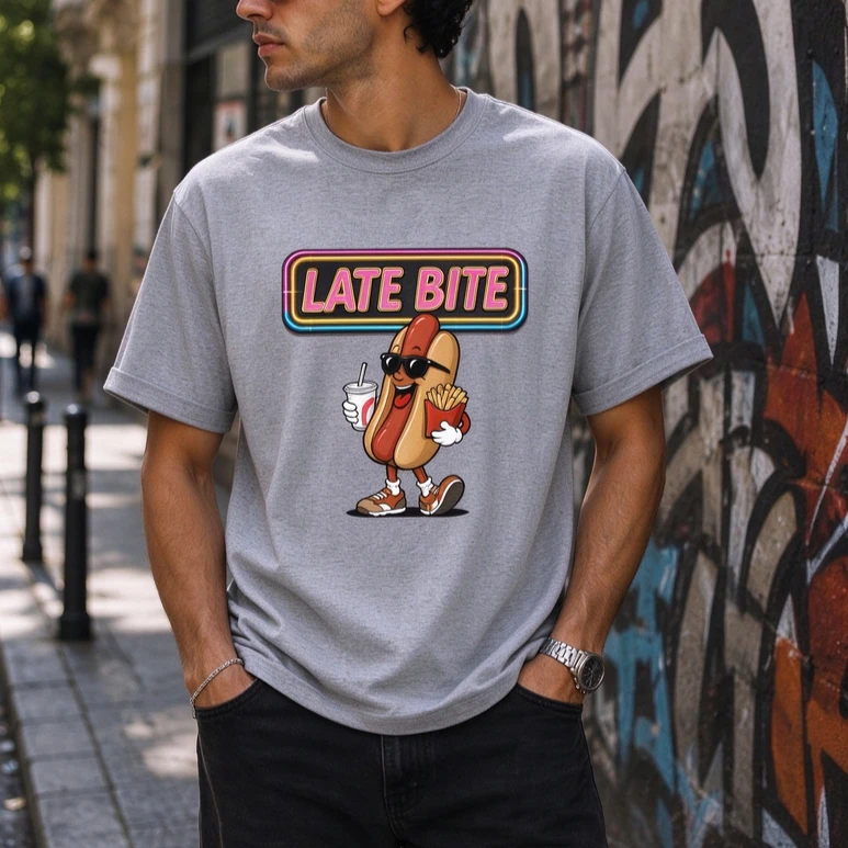 Retro Neon Late Bite Hotdog Cartoon Graphic T Shirt Men Streetwear Casual Short Sleeve Tee Funny Fast Food Lover Cotton Tops
