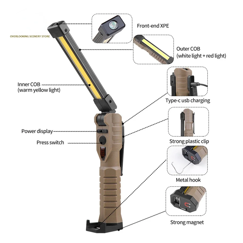 Multifunctional Portable COB LED Work Light with Magnetic Base and Hanging Hook 5 Modes for Outdoor Camping Car Repair