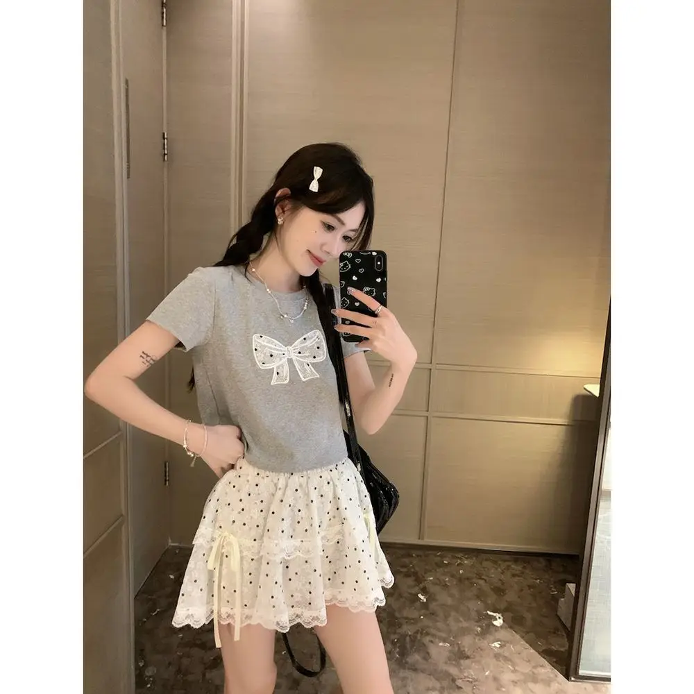 여성을위한 달콤한 양복 활 수 놓은 앞 어깨 반팔 티셔츠 여름 흰색 레이스 폴카 도트 케이크 스커트 투피스 세트