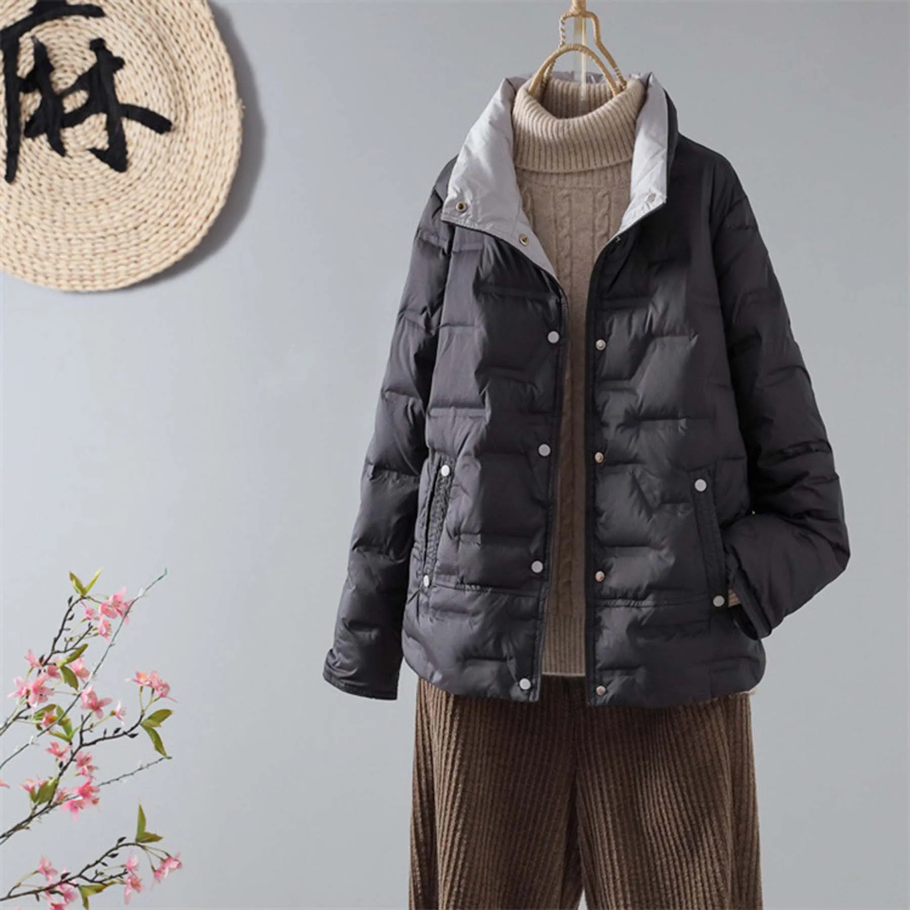 

Autumn and Winter Women's New White Duck Down Jacket Korean Casual Collar Loose Warm Short Solid Color Top Coat