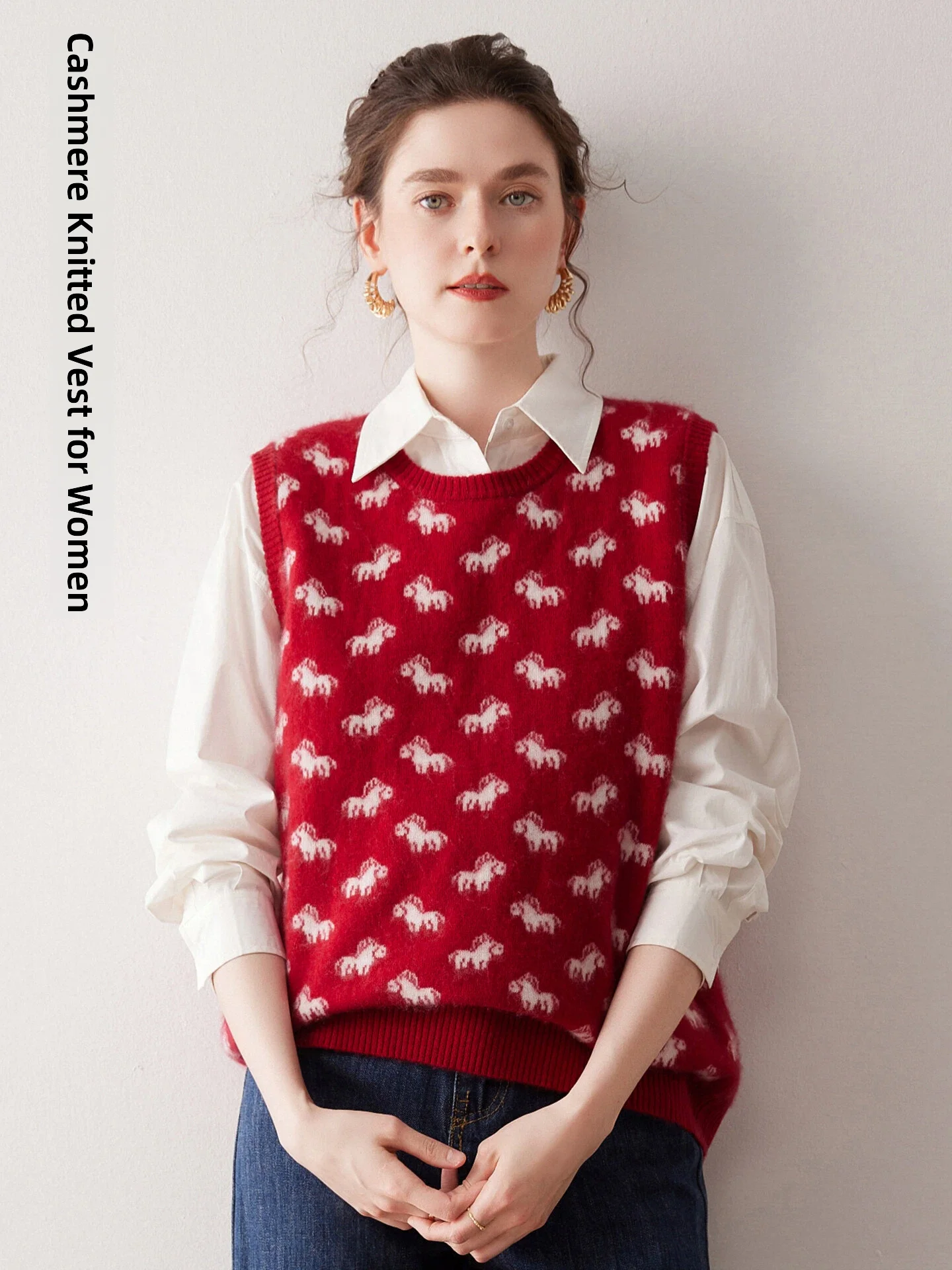 

Thiened Knitted Woolen Vest Women's round Ne Svel Red Camere Knitted Sweater Overlap Wear Goat Camere Pattern E...