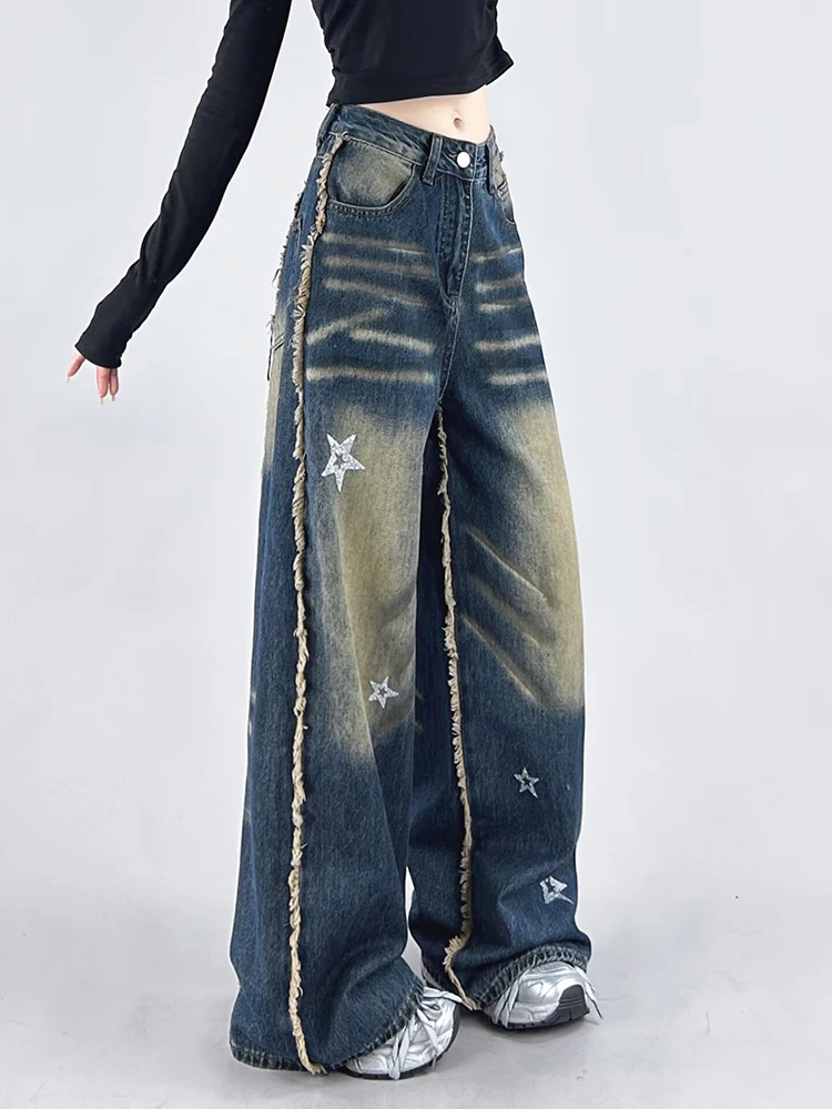 Vintage Streetwear Jeans Women Star Print Tassel Loose Wide Leg Denim Pants Y2K Harajuku High Waist Baggy Scimitar Trouser New