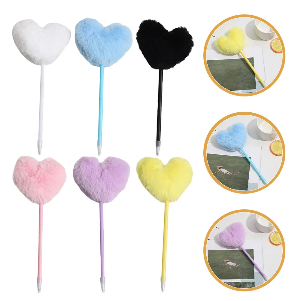 

6Pcs Heart Theme Ballpoint Pens with Pom Pom Top Assorted Colored Ink Tools for Kids Girls Students Motivational