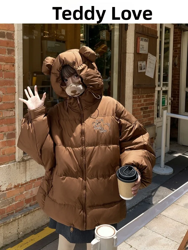 

Adorable Bear aped Bread Sle Cotton Jaet with Hat Zipper Closure Thiened Long Sve Loose Fit Winter Outerwear