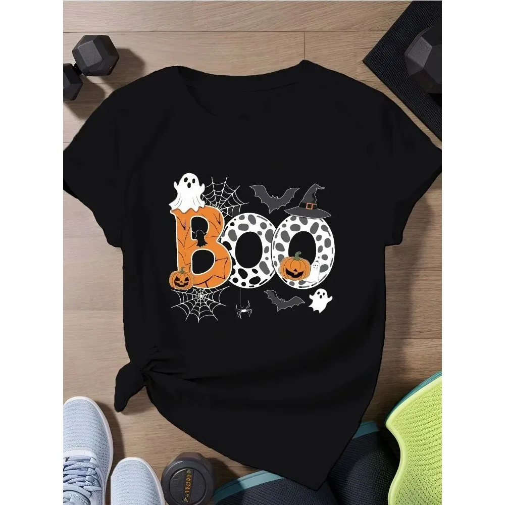 

Женская футболка Cleanfit на Хэллоуин BOO, хлопковый женский топ с изображением тыквы и призрака ведьмы, осенне-зимний топ