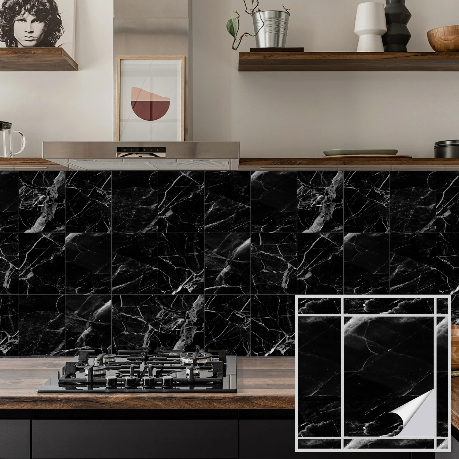 

Black Marble Peel and Stick Tile Stickers, Self-Adhesive Waterproof Wall Decals for Kitchen Bathroom