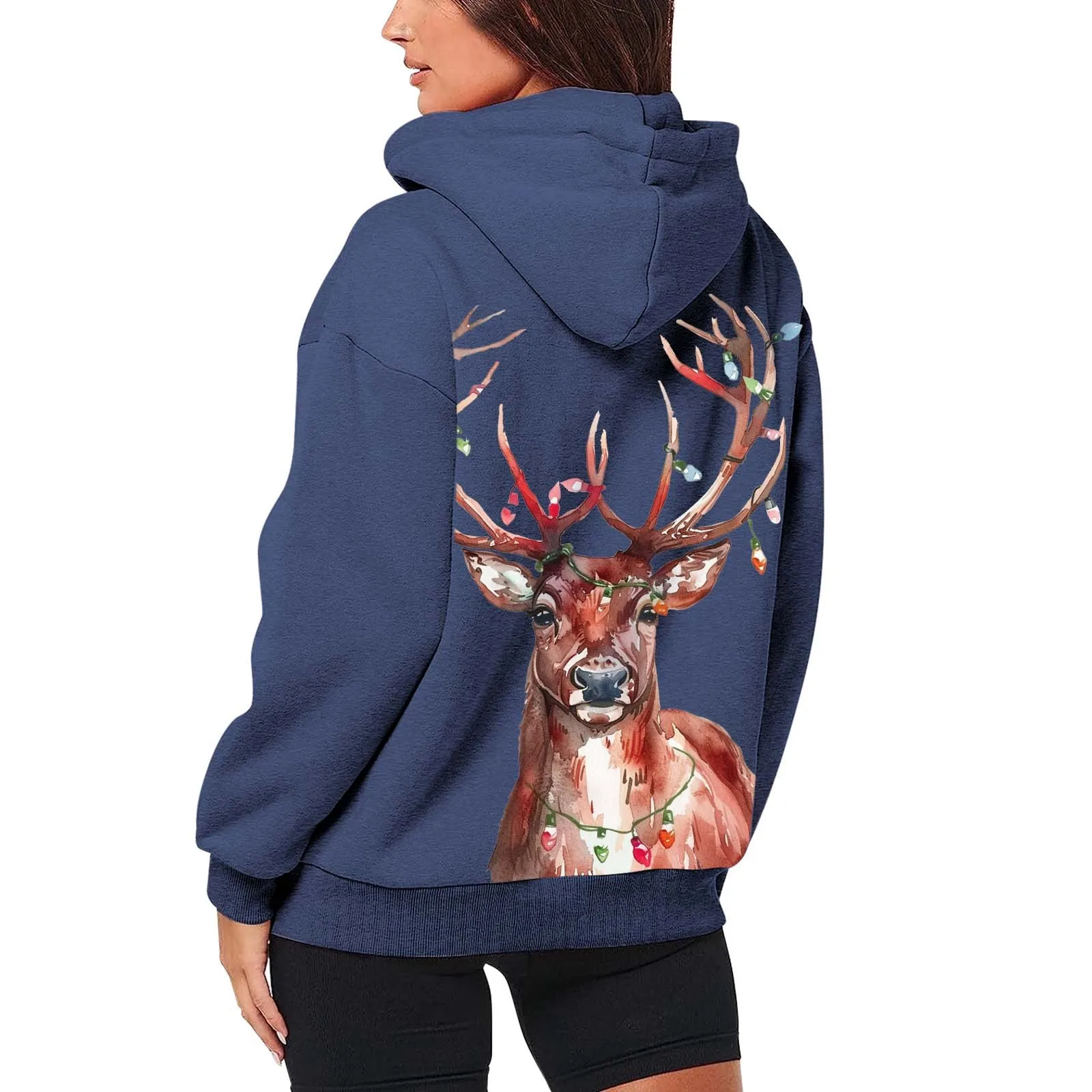 

Women’s Christmas Theme Print Hooded Sweatshirt Fashion Coat Loose Long Sleeve Drawstring Cardigan Jacket Autumn Winter