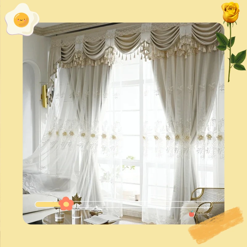 Modern European French Luxury Embroidered Curtains for Living Room Bedroom Tulle Fabric Yarn Integrated Blackout Girl Customize