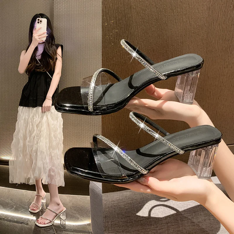 HKDQ Women's Mules Square Toe Block Heel Clear Straps Rhinestone Detailing Slip-On Dressy Party Footwear