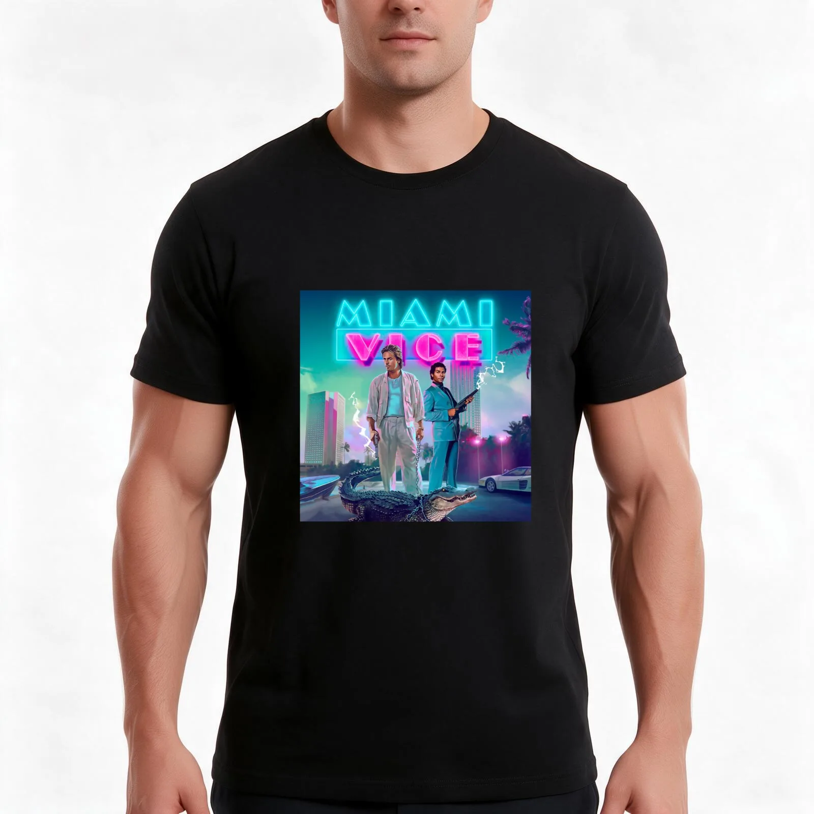 Miami - Vice Art T-Shirt, Summer Casual Cotton Tee, Oversized Streetwear Tops, Vintage Graphic Print, Loose Fit Short Sleeve