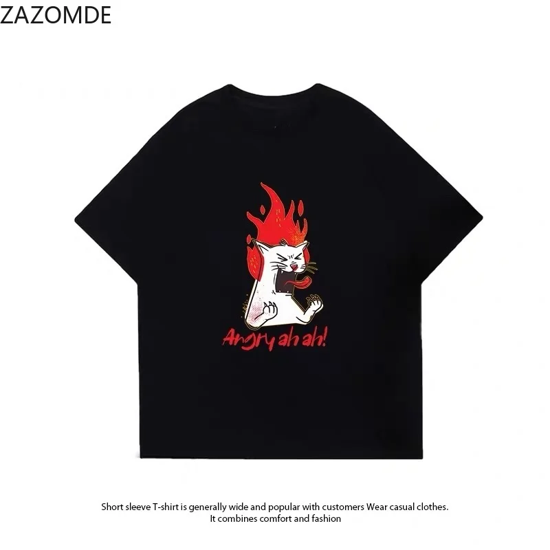 ZAZOMDE Edgy Street Fashion T-shirt Angry Screaming Cat Flame Cartoon Front Print O Neck Loose Oversized Casual Shirts Man Women