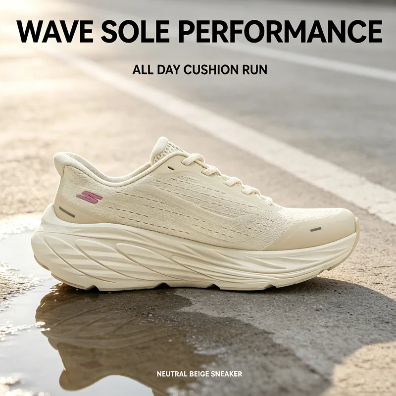 Women Skechers Cloud Cushion Running Shoes 129723-NAT, Natural Beige Soft Mesh Trainers, Wavy Thick Foam Midsole Lightweight