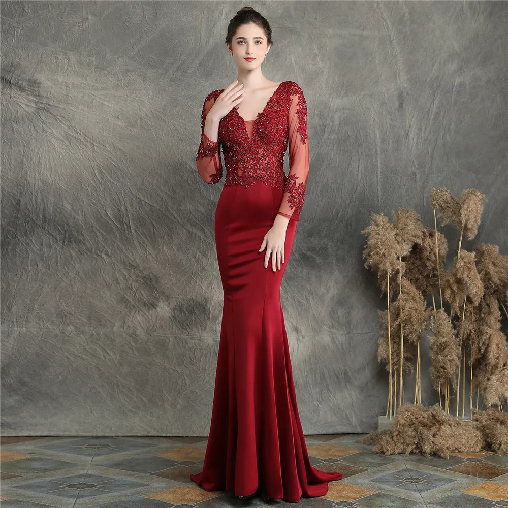 V-Neck Floral Lace Handmade Applique Beaded Fishtail Dress Long Sleeve Long Dress Wedding Party Prom Evening Dress For Women