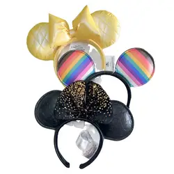 Walt Disney Minnie Mouse Headband 50th Anniversary Black Leather Plush Bow Cosplay Hairband For Girls  Adult/Women