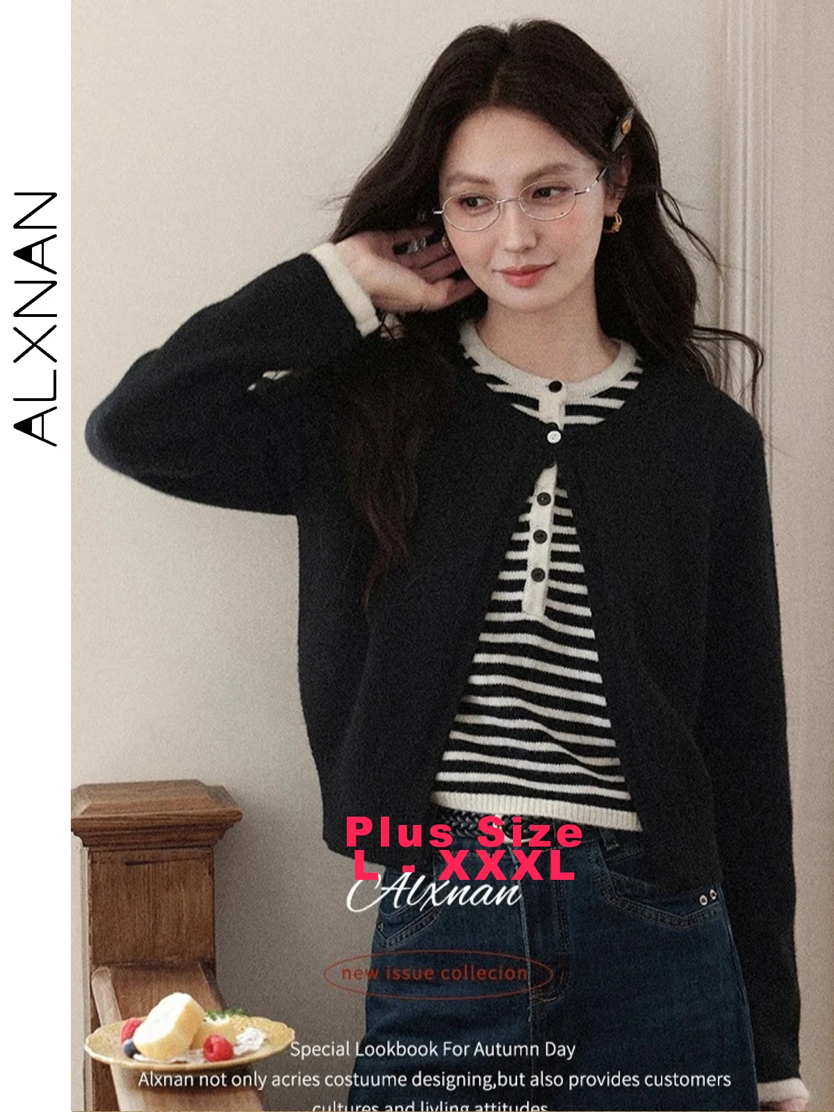 

ALXNAN Plus Size Knitted Pullover Striped Panel False Two-piece Button Women's Sweaters Casual Long Sleeve Tops Clothing D13166