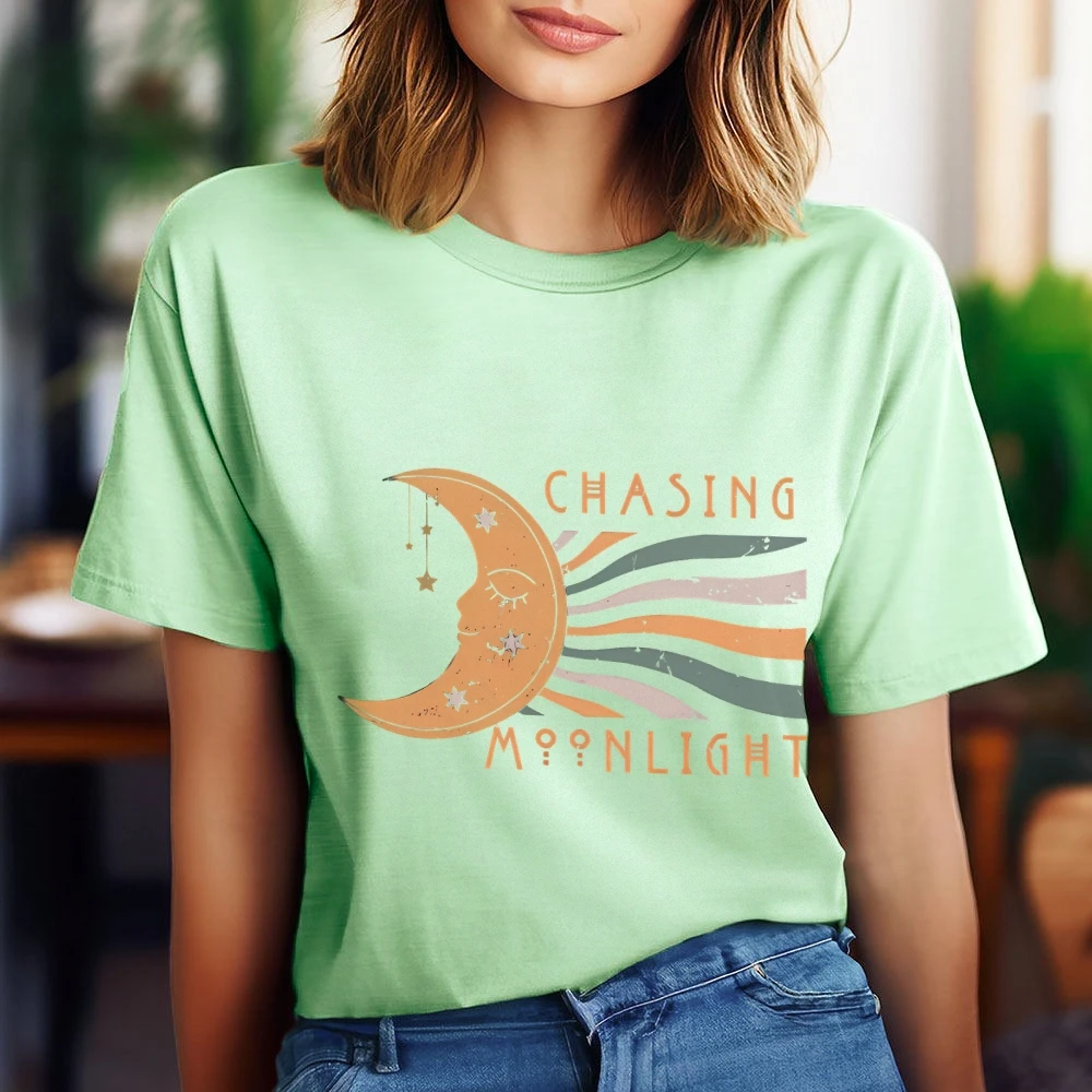 Chasing Moonlight Shirt Vintage Celestial T-Shirt Spring Shirts Women Hippie Women’s Tshirts Trendy Printed Tee Graphic Top Tees