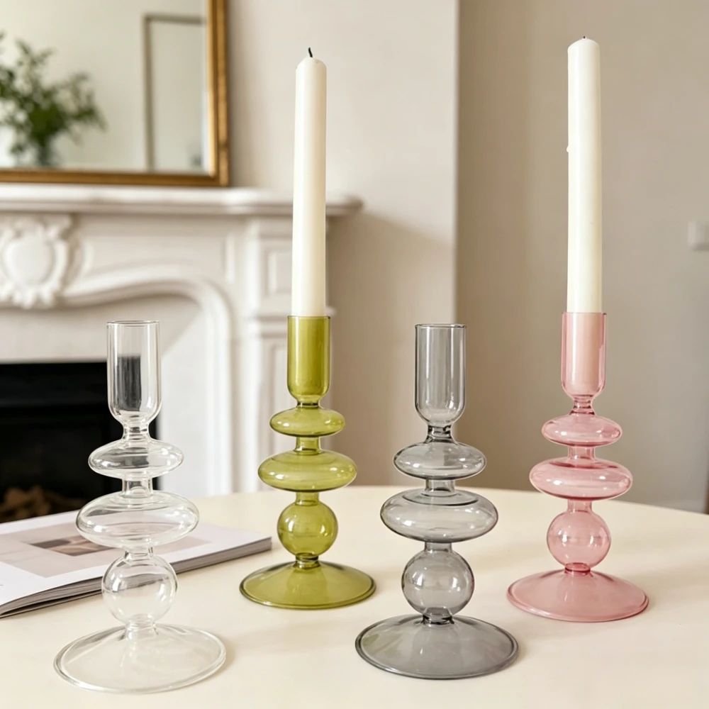 Minimalist Colored Glass Candle Holder Stacked Bubble Shape Taper Candlestick Holder Modern Home Wedding Table Decoration