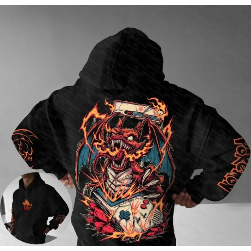 Pokemon Handheld Game Cartoon Print Hoodie 2025 Autumn and Winter Men's Cartoon Hand-painted Fashion Trend Loose Casual Jumper