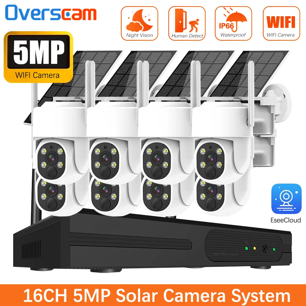 16CH NVR 5MP Wifi Solar PTZ Camera Kit Outdoor Wireless PIR Detection Security Surveillance Camera Set Siren Alarm Two Way Audio