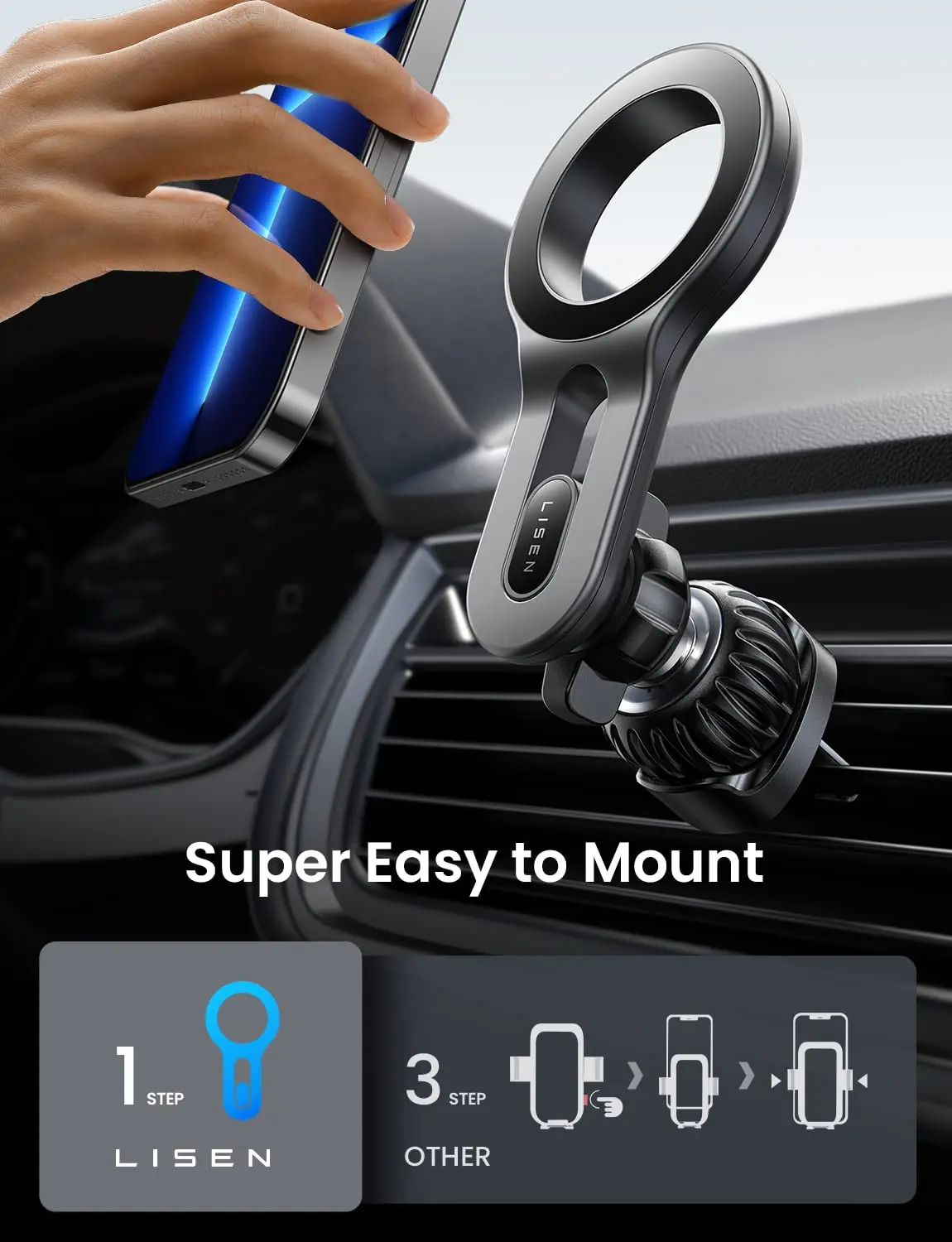 LISEN Strong Magnetic Phone Holder for Car Air Vent Phone Mount Air Vent Hook Clip Compatible with iPhone 15 14 13 12 11 Pro Max